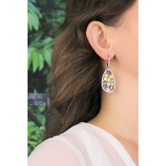 Rose Gold over Sterling Silver Multi Color Cz Earrings Dangle Drop Earrings - Picture 3 of 7